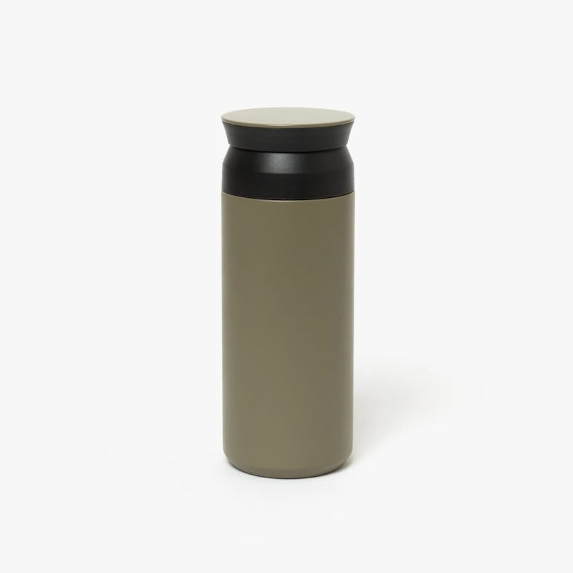 Olive drab green insulated bottle with flared screw lid and flat top.
